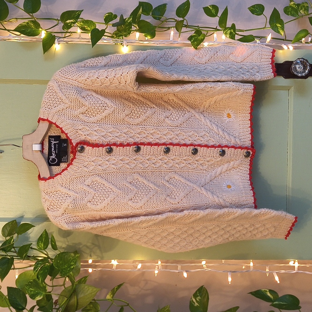Women's Obermeyer Cream Red Love Heart Floral Embroider Cardigan Wool Sweater S